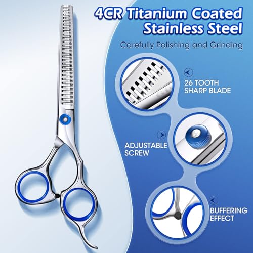 Image of Gimars Professional 5 in 1 Grooming Scissors for Dogs 4CR with Safety Round Tip, Heavy Duty Titanium Coated Straight & Thinning & Curved Shears