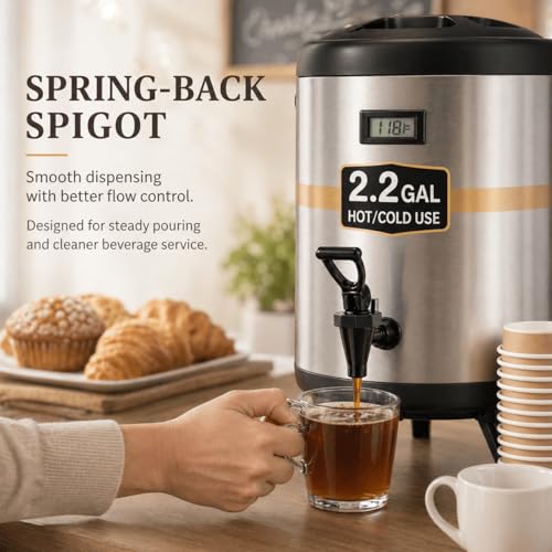 Image of 2.2 Gallon Insulated Beverage Dispenser with Spigot | Non-electric insulated drink server for hot or cold beverages, including coffee, tea, juice, milk, and hot chocolate.