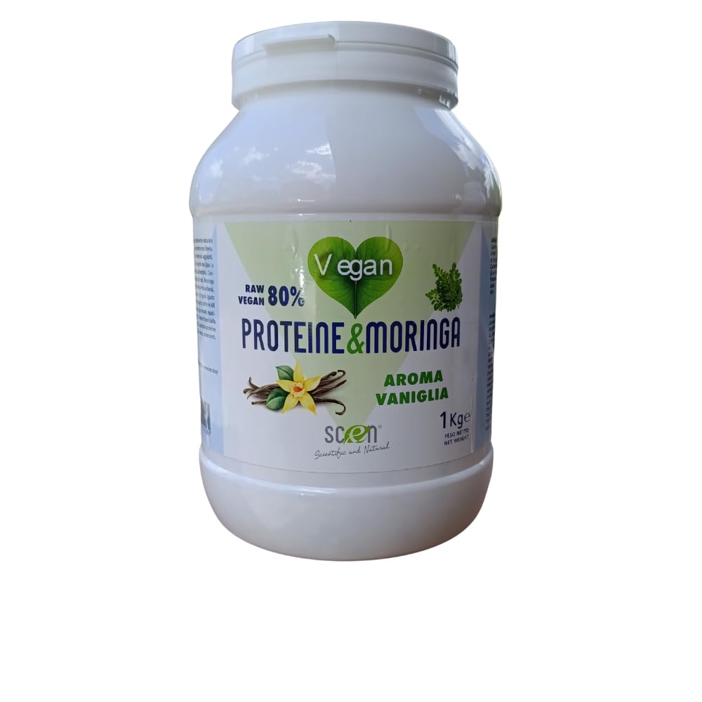 Proteine &Moringa Scen 80% Proteine vegetali 80% Raw, vegan, senza zuccheri isolato proteico di pisello e riso aroma vaniglia 1 kg. dolcificato con stevia (1)