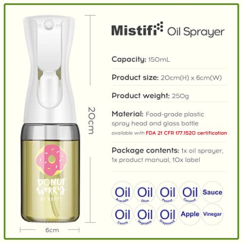 Image of Mistifi Glass Oil Sprayer /Mister 5.1 fl oz (150ml), For Cooking Oil, Olive Oil, Soy Sauce, Vinegar, Non-Aerosol Refillable Dispenser, Spray Bottle (FS638 HappyDonut)
