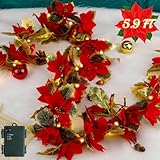 Glintoper Christmas Poinsettia Garland, 5.9 FT Lighted Artificial Garlands with 36 Red Flowers, Battery Operated with Timer Poinsettia String Lights, Light up for Xmas New Year Home Decor