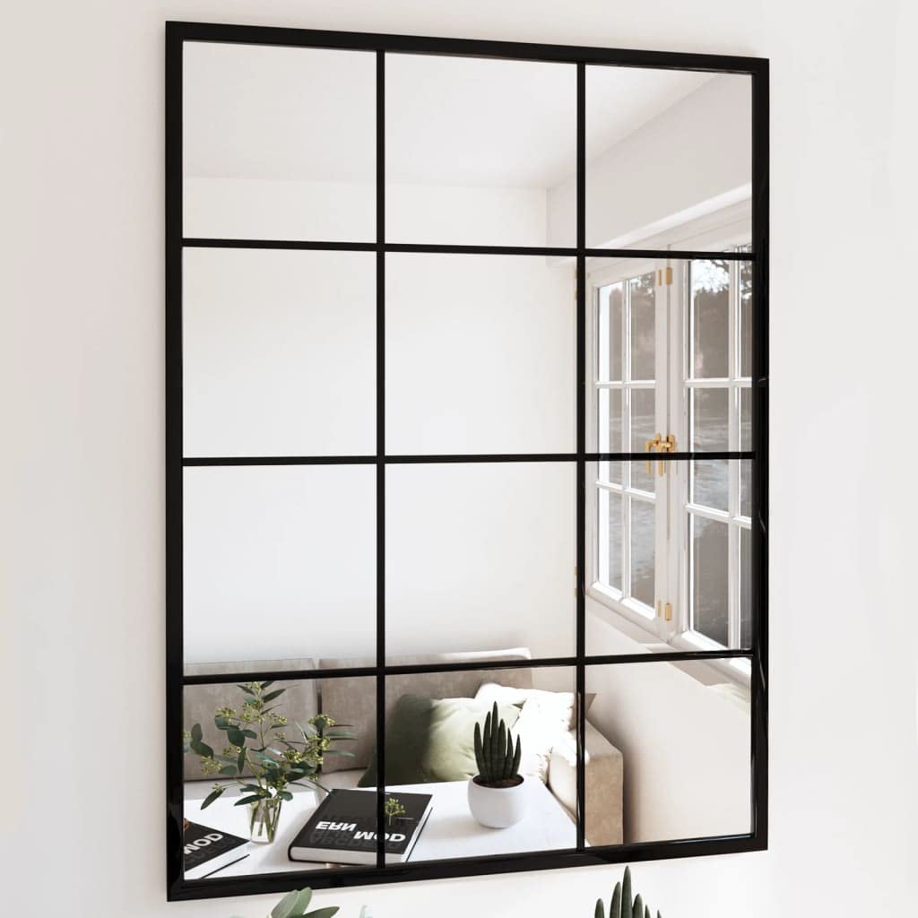 Wandspiegel Schwarz Metall 80x60 cm mit Vier Befestigungshaken, platzsparend für Flur Bad Schlafzimmer, Klassische Deko, vielseitig für Kosmetik Rasur Makeup Schmink