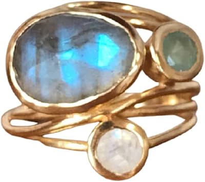 Finemall Unique 14K Gold Moonstone Aqua Blue Shell Ring Wedding Jewelry Gifts Size 6-10 (US 7)