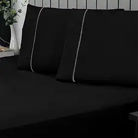 Jogo de Cama Casal Percal 400 Fios Ponto Palito 03 Peças, Antiácaro, Anti-pilling com Toque Macio - Preto