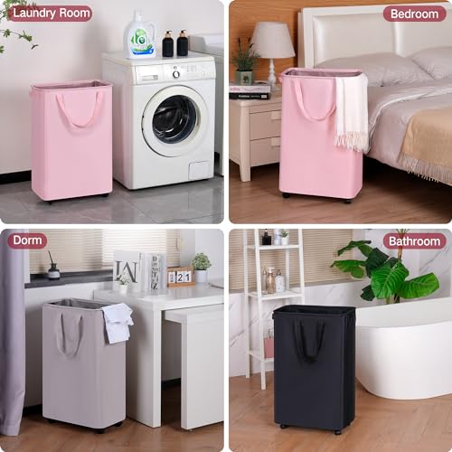 efluky Slim Laundry Hamper with Wheels, Rolling Laundry Basket for Clothes, Small Laundry Basket for Bedroom, Dorm and Laundry Room, 75L (19.8 Gallons) Pink