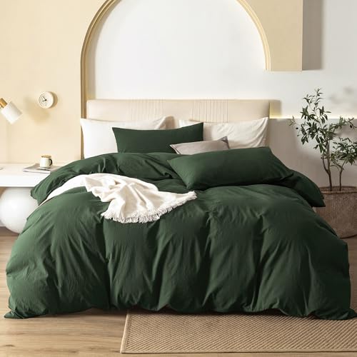 JIYUAN 100% Washed Cotton Duvet Cover Set 3 Pieces Super King, 1 Duvet Cover 108x98 Inches(Comforter Not Included) and 2 Pillowcases,Linen Feel Bedding Set Comfy and Breathable,Forest Green
