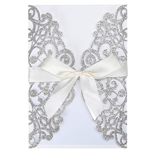 Tiardey Lot de 10 cartes d'invitation de mariage florales scintillantes découpées au laser avec enveloppe vierge et ruban pour fiançailles de mariage,douche...