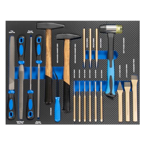 TRUTZHOLM Profi Werkstattwagen Einlage blau Hammer, Feilen, Körner, Meißel und Durchschläger 20 tlg. – Miniatur