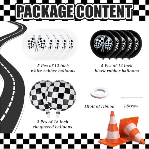 Image of 12 Pcs Race Car Themed Balloons Sets Checkered Flag Latex Balloons for Kids Boy Girl Racing Car Fast One Birthday Party Decorations