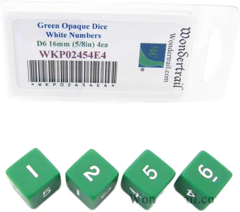 Green Opaque Dice with White Numbers D6 16mm (5/8in) Pack of 4 Dice Wondertrail