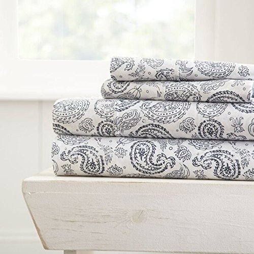 Linen Market Parure de lit 4 pièces en Coton, Motif Cachemire épais, Bleu Marine, très Grand lit Cover