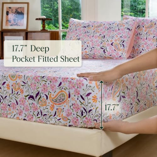 Image of FADFAY Cal King Pink Paisley 100% Egyptian Cotton Sheets Set 4 Piece, Vintage Botanical Cottagecore Bedding, Luxury Breathable Boho Floral Farmhouse Bedding with Deep Pocket Fitted Sheet All Seasons