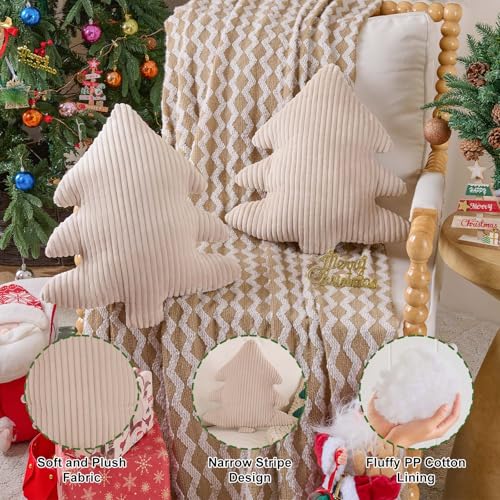 Image of Lanpn Christmas Tree Pillows Set of 2, Christmas Decoration Narrow Stripes Winter Throw Pillow Soft Cute 3D Shaped Xmas Tree Cushion for Sofa Bedroom Xmas Decor (18x16 inch, Off White)