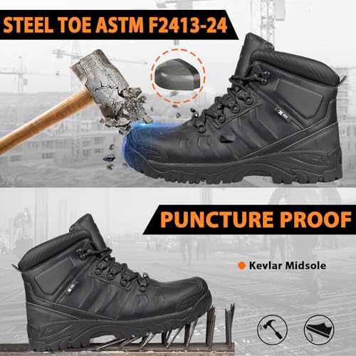 Image of Steel Toe Boots, ASTM F2413-24, Waterproof Top Grain Leather Industrial Safety Work Boots, Puncture Proof, Oil /Slip Resistant, EH Electrical Hazard Construction Boots