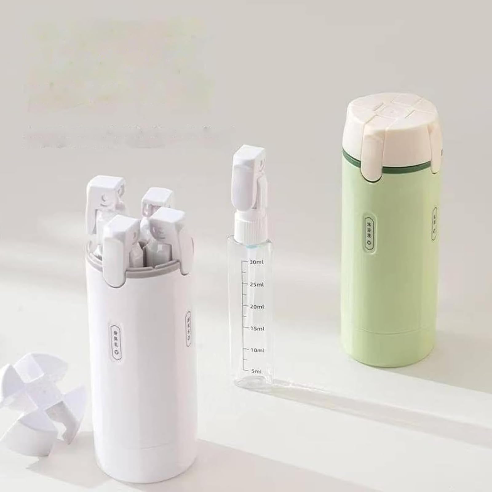 Dispenser da viaggio 4 in 1 per articoli da toeletta, contenitori da viaggio ricaricabili a prova di perdite, con scala ed etichette per shampoo, balsamo, lozione e crema (verde)