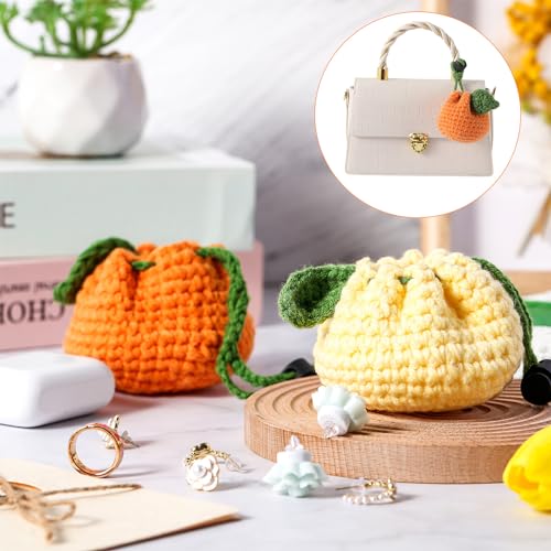 Lyrow 2 Pcs Small Crochet Purses Handmade Cute Coin Purse Tangerine Shaped Storage Bag Mini Drawstring Change Pouch Knitting Woven Wallet for Women Keychain Earbuds Dice, Orange and Yellow3