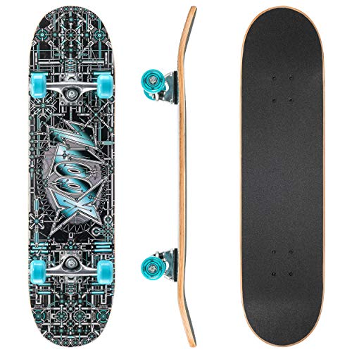 Xootz 31” x 8” Complete Skateboard for Beginners, 9 Ply Maple Deck, Double Kick Standard Board, for Boys and Girls, Multiple Colours