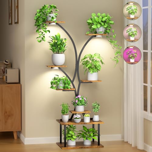 Plant Stand Indoor with Grow Lights, 8 Tier Tall Metal Plant Shelf for Multiple Plants, 60″ Large Plants Shelves Corner Flower Holder, Curved Shape Plant Rack for Home Living Room Patio Office Balcony