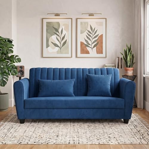 Image of Velvet 2 Seater Sofa, Chesterfield Tufted Sofa with Nailhead Trim, Rolled Arm Sofa with Wood Legs for Living Room & Office (Blue)