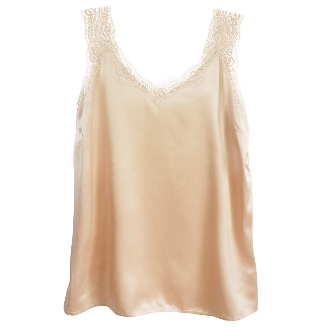 Wantschun Womens Satin Silk Camisole Lace Straps Tank Top Cami V-Neck Champagne,Medium