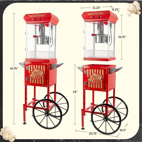 Image of Popcorn Machine with Cart and 6 oz Stainless Steel Kettle - Vintage Style Retro Popcorn Maker Machine on Wheels with Cabinet for Home Movie Room, Parties, and Events by Great Northern Popcorn (Red)