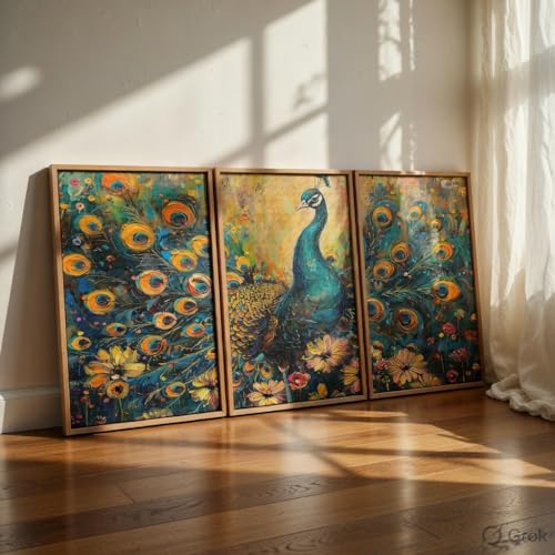 Image of Livin'luxe Peacock Wall Painting Set of 3 with Wooden Frames | Colorful Peacock Feather Artwork HD Sparkle Printed MDF Wall Decor | Modern Bird Wall Art for Living Room, Bedroom, Hall & Office