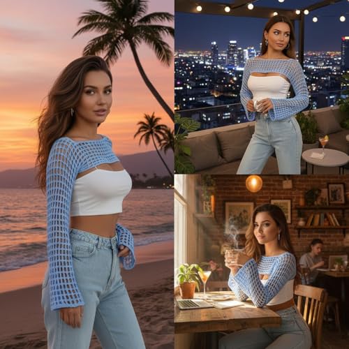 Image of Womens Crochet Shrug Y2K Hollow Out Bolero Shrug See Through Cropped Knit Sweater Top
