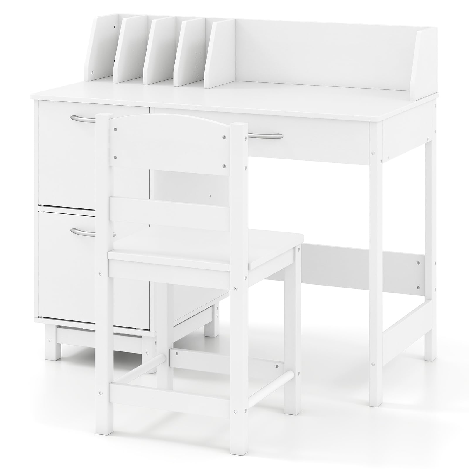 RELAX4LIFE Set Tavolo e Sedie per Bambini con Cassetto, Nicchia e Armadietto per Scuola/Studio, Adatto ai Bambini 4-8 Anni (BIANCO)