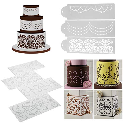 Wedding Cake Stencil Template, BENBO 7Pcs Cake Decorating Embossing Plastic Spray Floral Cake Cookie Fondant Side Baking Mesh Stencil Wedding Decor Tool