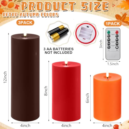 Image of Retisee 3 Pcs Fall 6 /8 /12 Inches Flameless LED Candles with Remote and 2 /4 /8h Timer Red Orange Brown Battery Operated Wax Flickering Candles for Autumn Thanksgiving Harvest Party Desktop Home Decor
