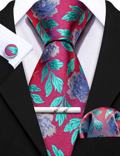 Image of Barry.Wang 6 PCS Men Ties Set Silk Business Fashion Woven Necktie Handkerchief Cufflinks Paisley Stripe Wedding Party