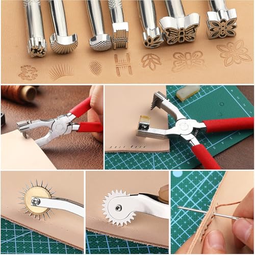 273 Pieces Leather Working Tools and Supplies with Leather Tool Box Cutting Mat Hammer Stamping Tools Needles Snaps and Rivets Kit Perfect for Stitching Punching Cutting Sewing Leather Craft Making