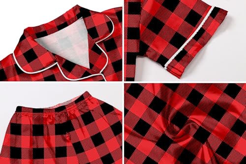 Image of Schbbbta Pajamas for Women, Satin Silky Pjs 2 Pcs Set Button-Up Short Sleeve with Chest Pocket Christmas Sleepwear Soft Loungewear, Red Black Plaid, X-Small