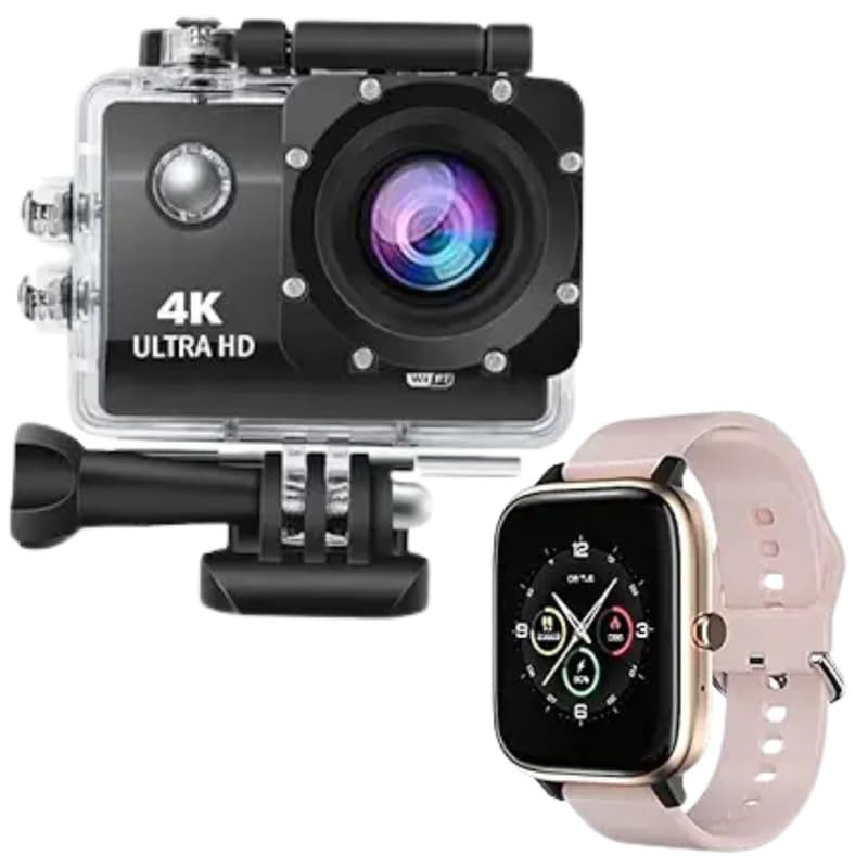 Drumstone Combo Pack of 2 Items- Action 4K Waterproof,170 Degree Wide Angle WiFi HD Cam, 16MP with Smart Watch with 1.54 inch Screen Fitness Sport Bluetooth Call Waterproof (Rosegold)