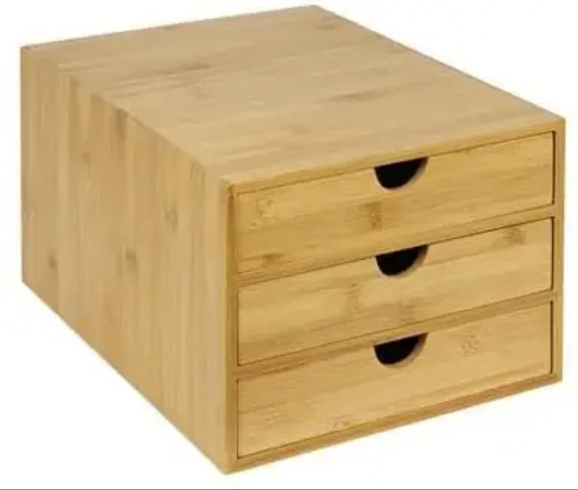 Bamboo Drawer For Home Office For Desktop Tidy A4 Sturdy Stationary Storage Organiser 3 Tier Wood Desk Top Table Drawers