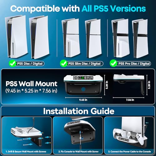Image of PS5 Wall Mount Kit with Cooling Fan and Charging Station Compatible with PS5 / Slim /Pro Disc and Digital, PS Five Floating Shelf with 9 RGB Lights, PS 5 Mount Behind TV, Sony PSP Cables