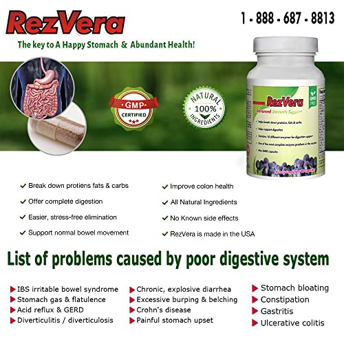 #1 Best All Natural Digestive Supplement For Ibs Irritable Bowel Syndrome Stomach Bloating Gas Diarrhea Heartburn Acid Reflux Constipation Indigestion - Rezvera 90 Capsules #TOP1