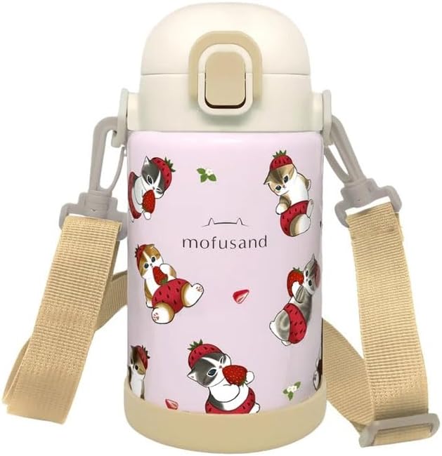 Mo fusand Japanese Kawaii Cat Stainless Steel Water Bottle – 24oz | One-Touch Lid | Hot & Cold Insulated | Shoulder Strap | Strawberry & Nyanpants Design
