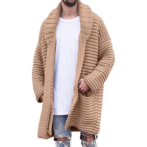 Men's Cardigan Relaxed Fit Long Sweater Ribbed Knitted Shawl Collar Sweater Cable Warm Casual Winter Sweaters