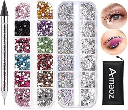 Amaoz Rhinestone Jewel Pickup Tool,Dual-ended Picker Dotting Pen Crystal Studs Wax Pen, Flat Back Gems Round Rhinestones for Nails Decoration Crafts Eye Makeup Clothes Shoes︱Mix SS4 6 10 12 16︱3500PCS