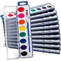 Bedwina Watercolor Paint Sets for Kids - Bulk Pack of 12, 8 Washable Water Color Paints in Palette Tray and Painting Brush for Coloring, Art, Classrooms and Paint Party Supplies