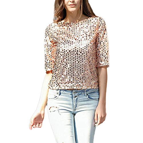 JLTPH T-Shirt Femmes Été 3/4 Manches Courtes Tunique Paillette Blingbling Cocktail Soirée Chemisier Tee Shirt Blouse Top à Sequins Cover