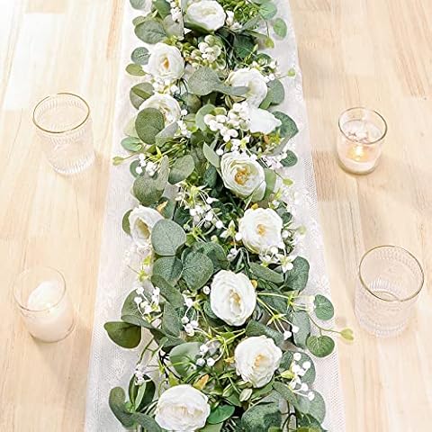 UXORSN 2PCS Artificial Flowers White Roses Greenery Garland Eucalyptus Leaves Vine 70.86 inch Faux Plants Garland Outdoor Indoor Wedding for Home Garden Party Wedding Art Decor Cover