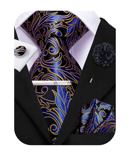 Image of Hi-Tie Blue Gold Flower Neckties for Men Jacquard Classic Tie and Pocket Square Lapel Pin Silver Tie Clip Cufflinks Set Wedding Business 6PCS
