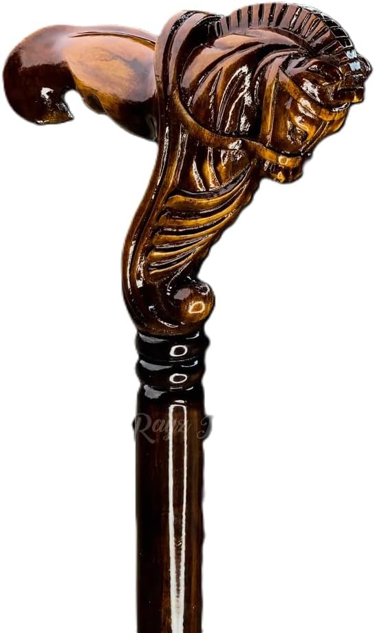 Wooden Horse Engraved Hand carved Cane - Premium Wood Carved Walking Stick Cane With Ergonomic Palm Grip Handle - 36" Brown Handmade Elegant Carved Walking Stick For Men Women