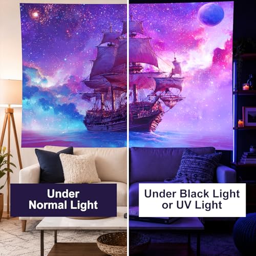 Image of BlissYard Psychedelic Galaxy Ship BlackLight Tapestry UV Reactive Ocean Sailing Wall Hanging 78x59 Inch Trippy Starry Sky Nautical Scene Cosmic Sea Decor For Bedroom Living Room Dorm Party