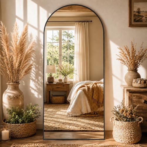 LadyNow Full Length Mirror, 76'x34' Arched Floor Mirror Freestanding, Floor Standing Full Body Mirror with Stand for Bedroom, Hanging Mounted for Living Room Cloakroom, Black