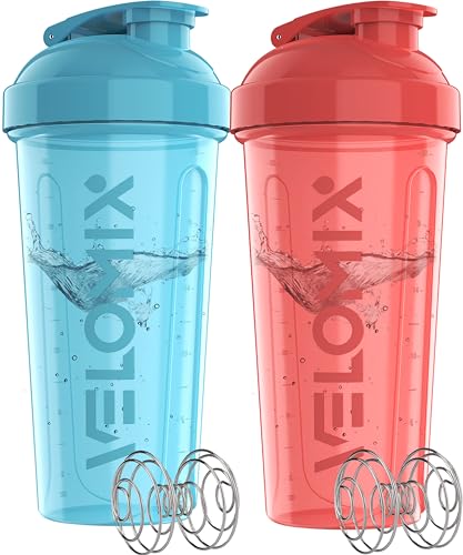 Image of VELOMIX -2 Pack- 28 oz Protein Shaker Bottles for Protein Mixes - 2x Wire Whisk | Leak Proof Shaker Cups for Protein Shakes and Pre Workout | Protein Shaker Bottle Pack (Blue /Pink)