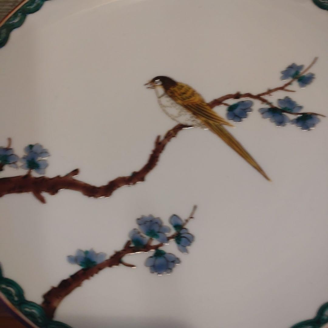 Kutani Grilled Specialty Mitsui Tamekichi Flat Plate, Flower and Bird