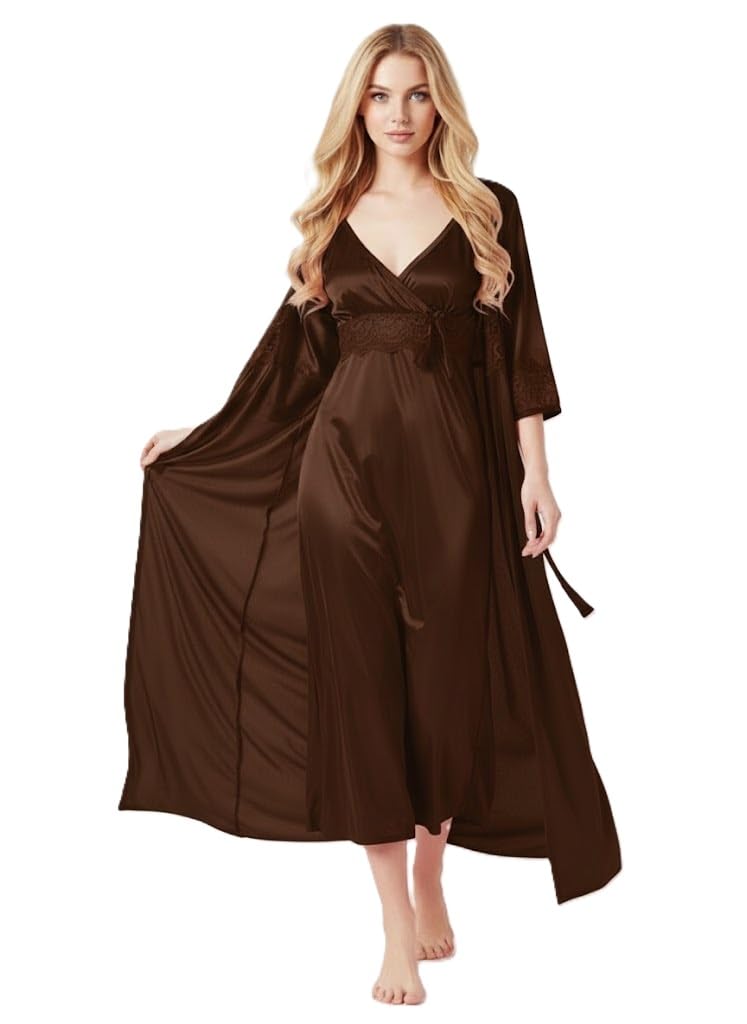 ledelav Women's Satin Maxi Night Dress Full Sleeve Gown Comfortable & Fancy Sleepwear for Ladies Ankle Length Nightwear 2pcs Set with Robe (Coffee, Free Size)-picture-15